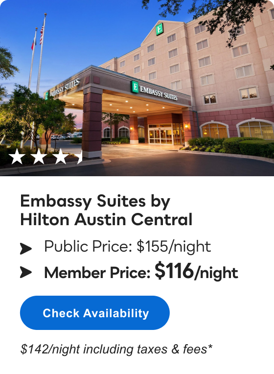 Embassy Suites by Hilton Austin Central | ***1/2 | Public Price: $155/night | Member Price: $116/night | $142/night including taxes and fees* | Check Availability&nbsp;>