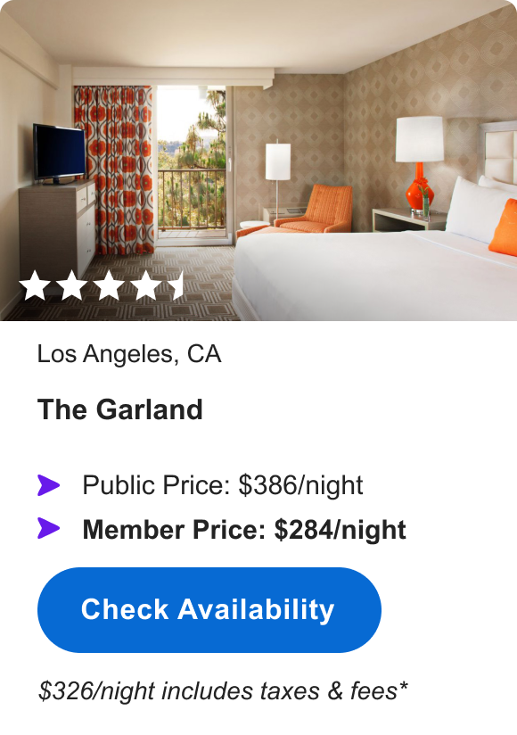 The Garland | ****1/2 | Los Angeles, CA | Public Price: $386/night | Member Price: $284/night | $326/night including taxes & fees* | Check Availability&nbsp;>
