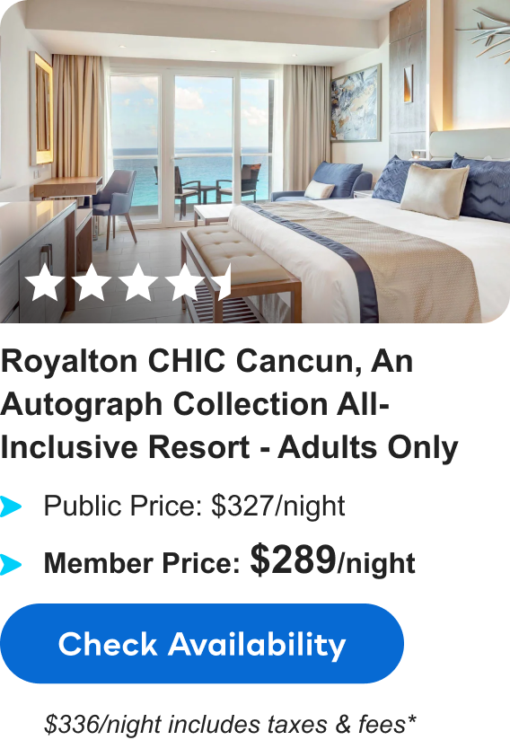 Royalton CHIC Cancun, An Autograph Collection All-Inclusive Resort - Adults Only| ****1/2 | Public Price: $327/night | Member Price: $289/night | $336/night includes taxes & fees* | Check Availability&nbsp;