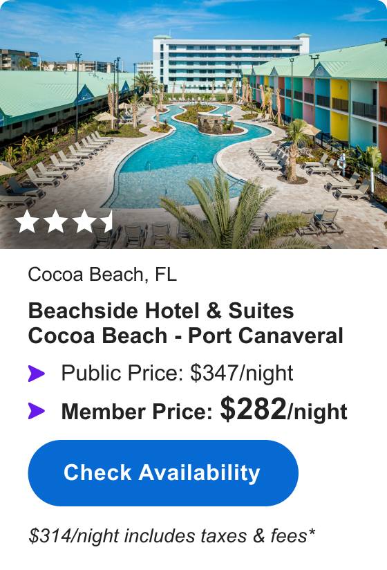 Beachside Hotel & Suites Cocoa Beach - Port Canaveral | ***1/2 | Public Price: $347/night | Member Price: $282/night | $314/night includes taxes & fees* | Check Availability&nbsp;