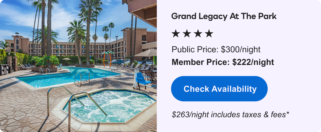 Grand Legacy At the Park &nbsp;|&nbsp; **** &nbsp;|&nbsp; Public&nbsp;Price: $300/night &nbsp;|&nbsp; Member&nbsp;Price: $222/night &nbsp;|&nbsp; $263/night includes taxes & fees* &nbsp;|&nbsp; Check&nbsp;Availability&nbsp;>
