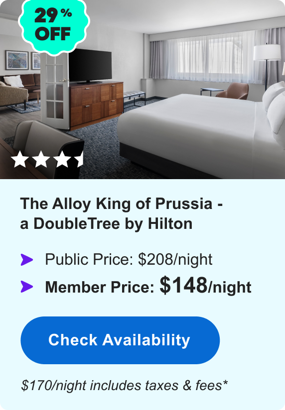 The Alloy King of Prussia - a DoubleTree by Hilton | ***1/2 | 29% OFF | Public Price: $208/night | Member Price: $148/night | $170/night includes taxes & fees* | Check Availability&nbsp;>