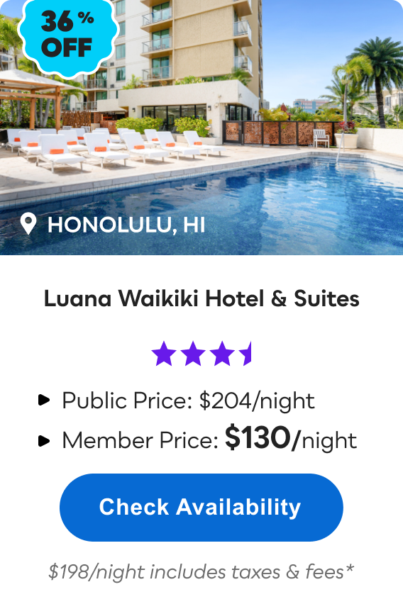 Luana Waikiki Hotel & Suites | Honolulu, HI | ***1/2 | 36% OFF | Public Price: $204/night | Member Price: $130/night ($198/night includes taxes & fees*) | Check&nbsp;Availability&nbsp;>