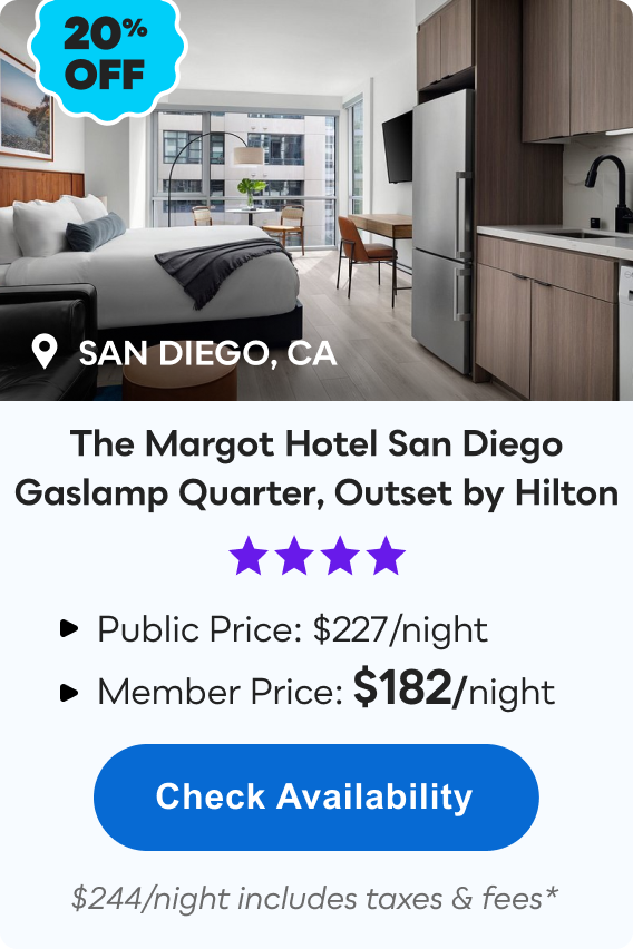 The Margot Hotel San Diego Gaslamp Quarter, Outset by Hilton | San Diego, CA | **** | 20% OFF | Public Price: $227/night | Member Price: $182/night ($244/night includes taxes & fees*) | Check&nbsp;Availability&nbsp;>