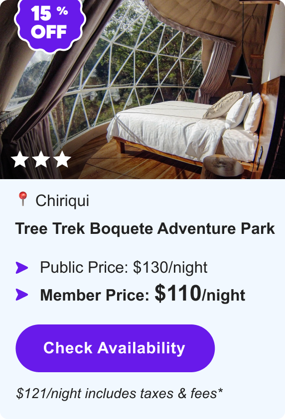 Tree Trek Boquete Adventure Park | Chiriqui | *** | 15% OFF | Public Price: $130/night | Member Price: $110/night | $121/night includes taxes & fees* | Check&nbsp;Availability&nbsp;>