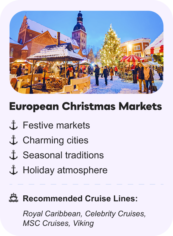 European Christmas Markets: Festive markets, charming cities, seasonal traditions, holiday atmosphere | Recommended cruise lines: Royal Caribbean, Celebrity Cruises, MSC Cruises, Viking