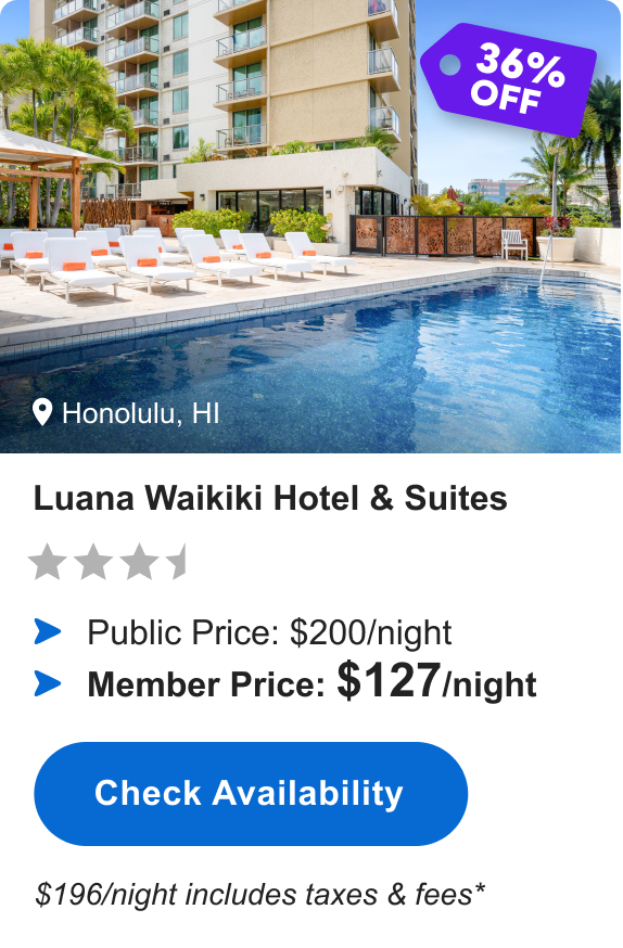Luana Waikiki Hotel & Suites | Honolulu, HI | ***1/2 | 36% OFF | Public Price: $200/night | Member Price: $127/night ($196/night includes taxes & fees*) | Check Availability&nbsp;>