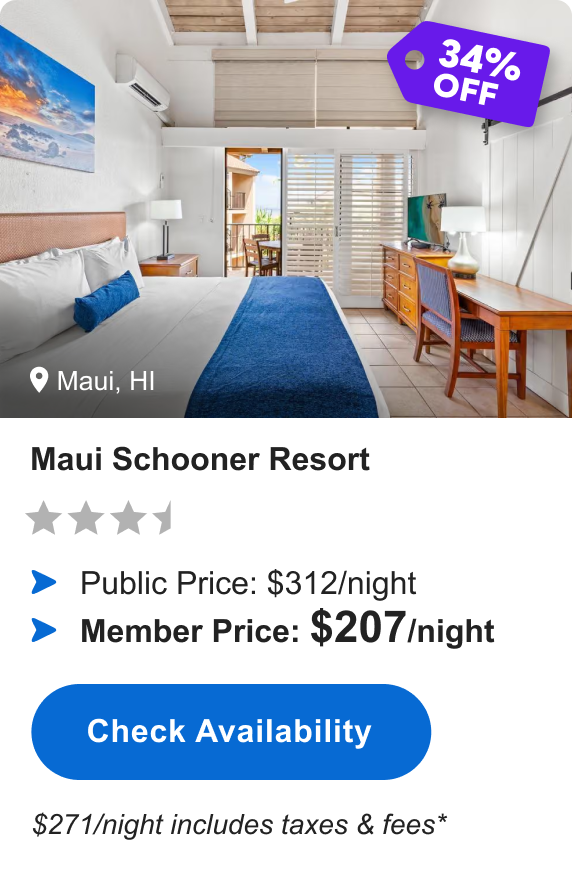 Maui Schooner Resort | Maui, HI | ***1/2 | 34% OFF | Public Price: $312/night | Member Price: $207/night ($271/night includes taxes & fees*) | Check Availability&nbsp;>