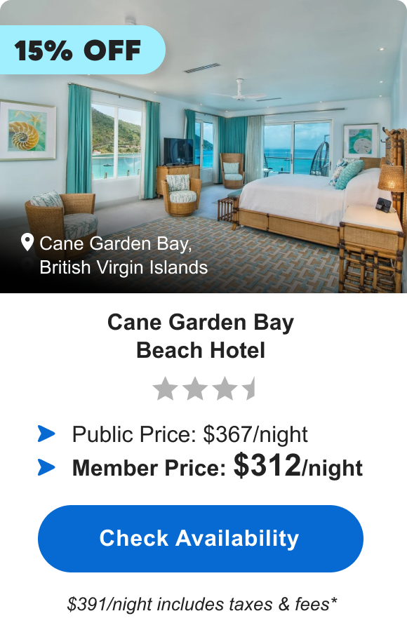 Cane Garden Bay Beach Hotel | ***1/2 | Cane Garden Bay, British Virgin Islands | 15% OFF | Public Price: $367/night | Member Price: $312/night ($391/night includes taxes & fees*) | Check&nbsp;Availability&nbsp;>