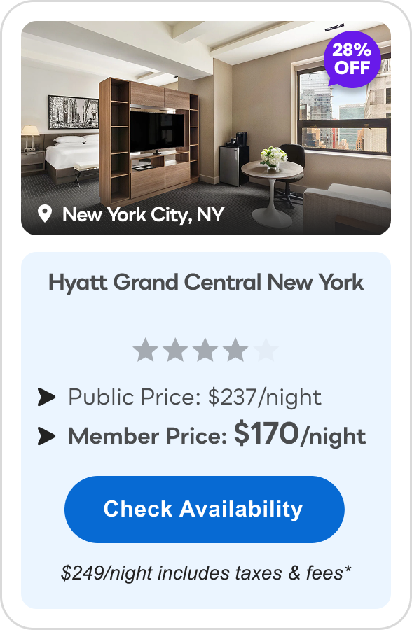 Hyatt Grand Central New York | New York City, NY | **** | 28% OFF | Public Price: $237/night | Member Price: $170/night ($249/night includes taxes & fees*) | Check&nbsp;Availability&nbsp;>