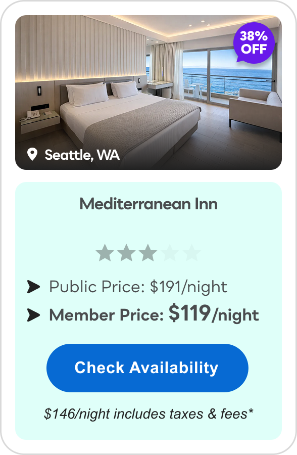 Mediterranean Inn | Seattle, WA | *** | 38% OFF | Public Price: $191/night | Member Price: $119/night ($146/night includes taxes & fees*) | Check&nbsp;Availability&nbsp;>