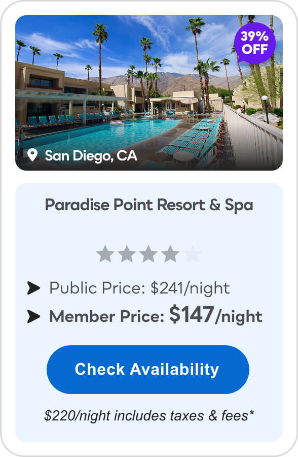 Paradise Point Resort & Spa | San Diego, CA | **** | 39% OFF | Public Price: $241/night | Member Price: $147/night ($220/night includes taxes & fees*) | Check&nbsp;Availability&nbsp;>
