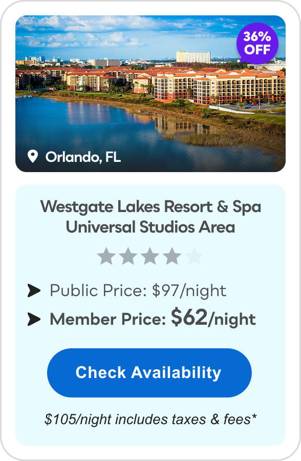 Westgate Lakes Resort & Spa Universal Studios Area | Orlando, FL | **** | 36% OFF | Public Price: $97/night | Member Price: $62/night ($105/night includes taxes & fees*) | Check&nbsp;Availability&nbsp;>